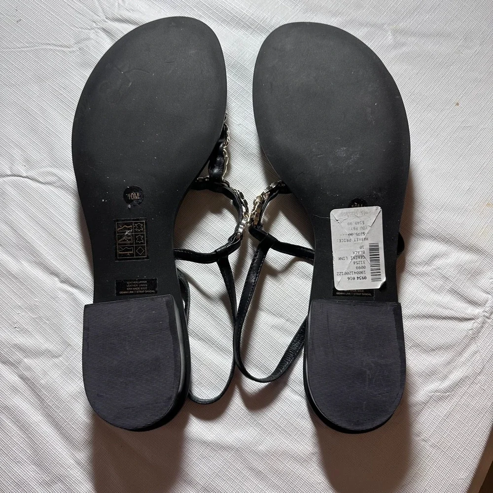 Tory‎ Burch Black Leather Gemini Chain Link Thong Sandals Gold Hardware Size 10M